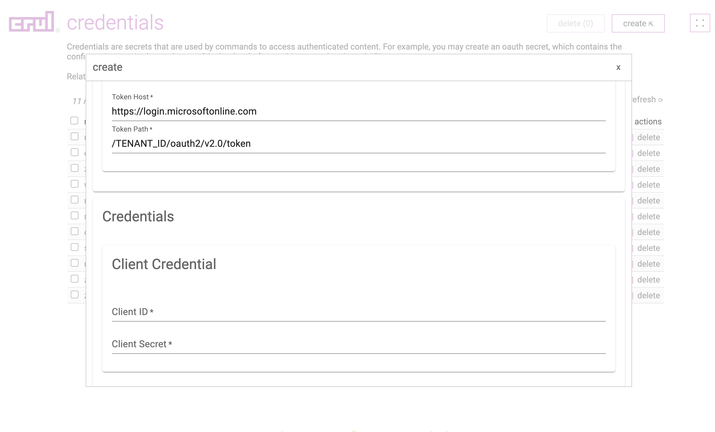Crul Credentials &gt; Microsoft 365 Form