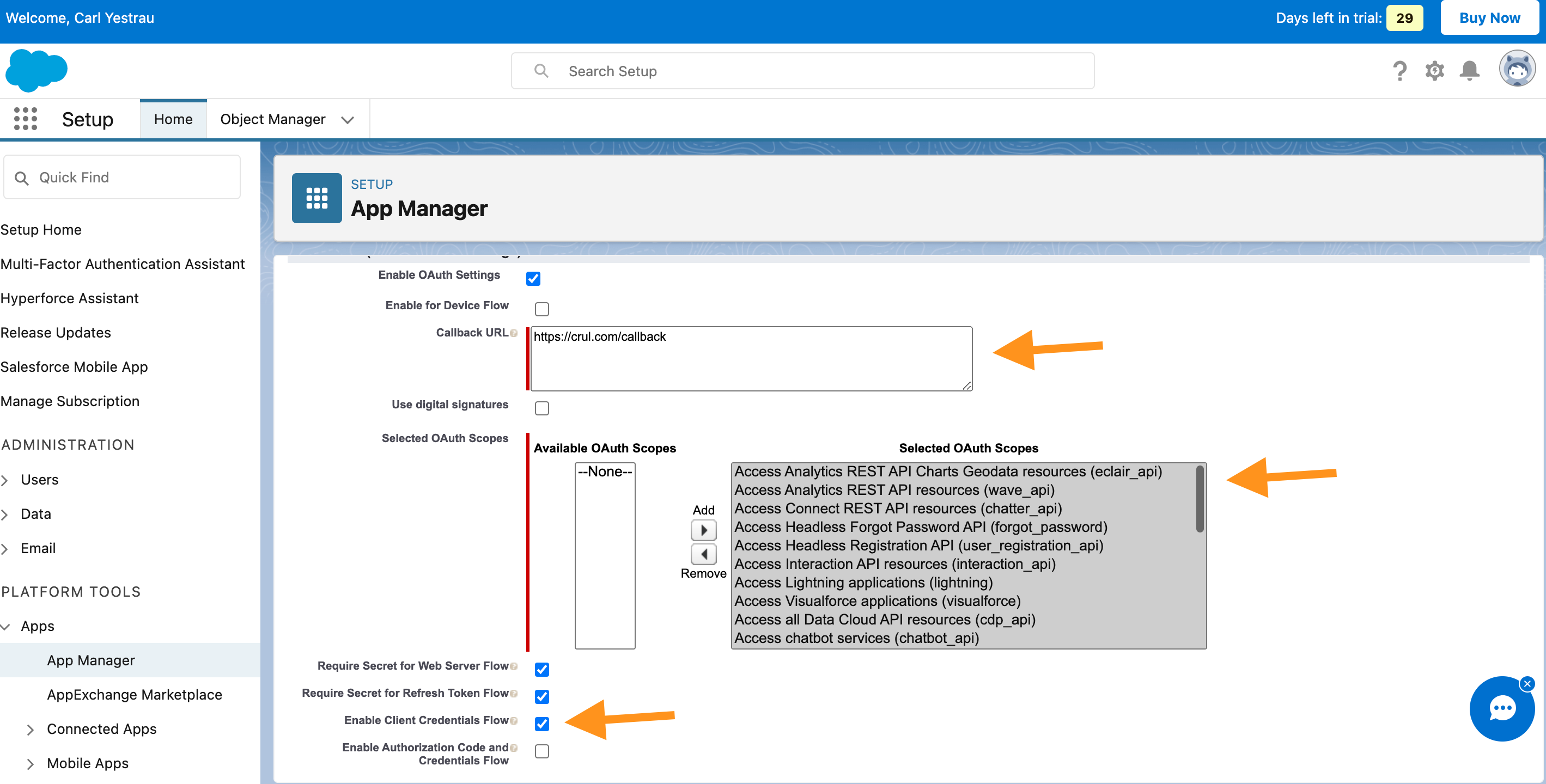 Selected OAuth Scopes and Credentials Flow