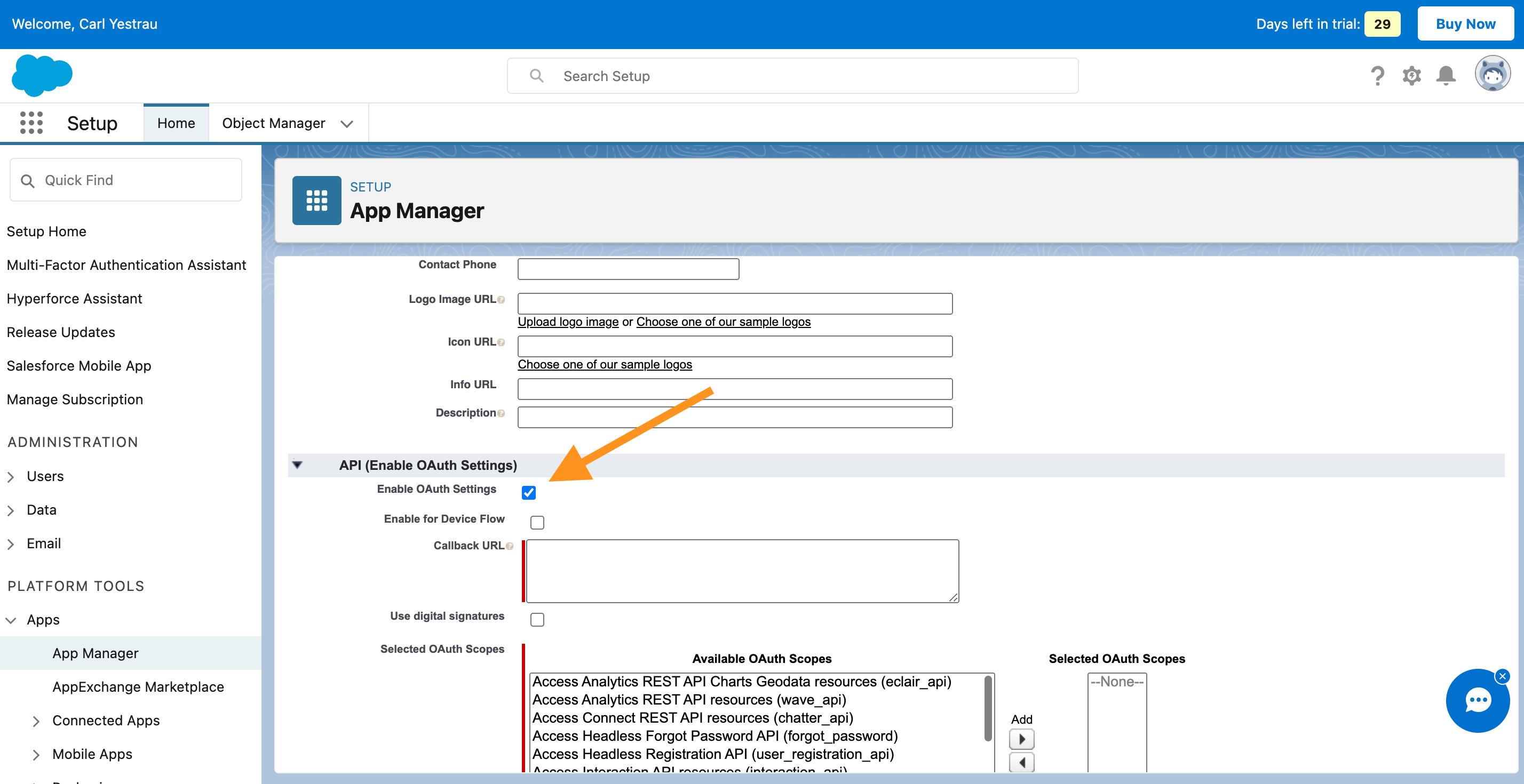 Enable OAuth Settings