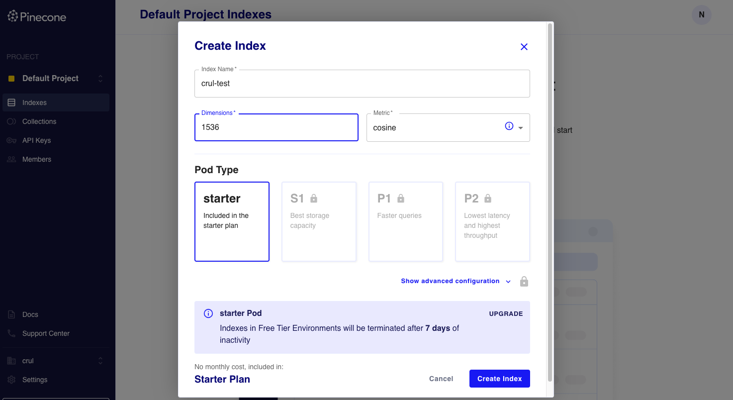 Creating a Pinecone index