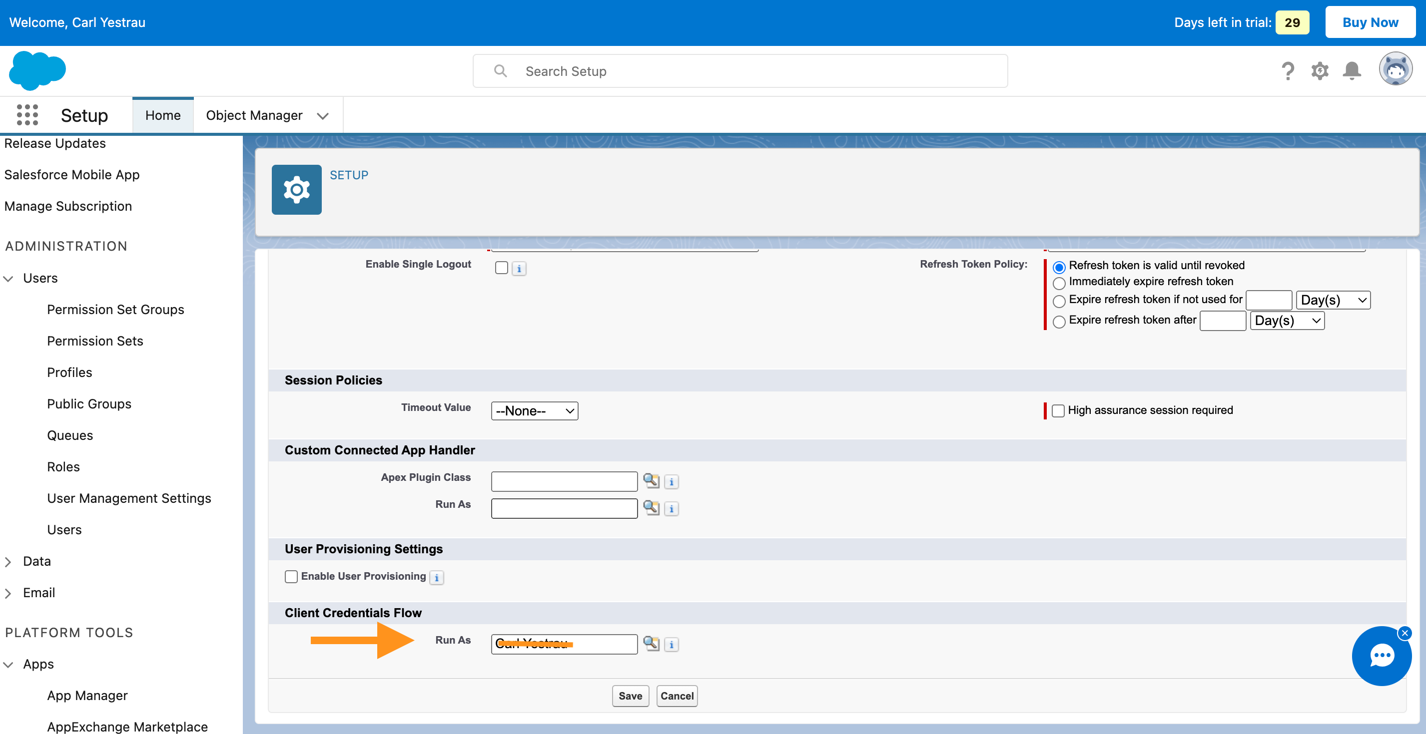 Client Credentials Flow &gt; Run As